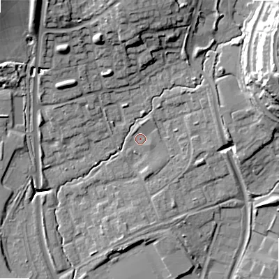 Shaded relief map of the ground around B980HF, computed from Environment Agency LiDAR. The ground here sits at about 72 m above sea level and falls 22 m across the surrounding 800 m. Surface water reaching this point runs off ground lying to the east-north-east, 2.7 m higher.