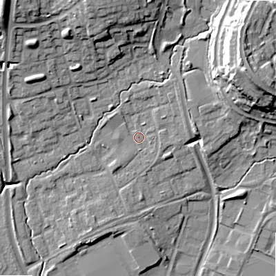 Shaded relief map of the ground around B980HG, computed from Environment Agency LiDAR. The ground here sits at about 72 m above sea level and falls 22 m across the surrounding 800 m. Surface water reaching this point runs off ground lying to the north-east, 2.7 m higher.