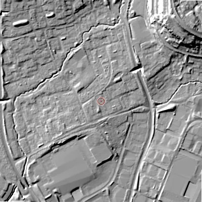 Shaded relief map of the ground around B980HL, computed from Environment Agency LiDAR. The ground here sits at about 72 m above sea level and falls 24 m across the surrounding 800 m. Surface water reaching this point runs off ground lying to the south-south-west, 1.5 m higher.