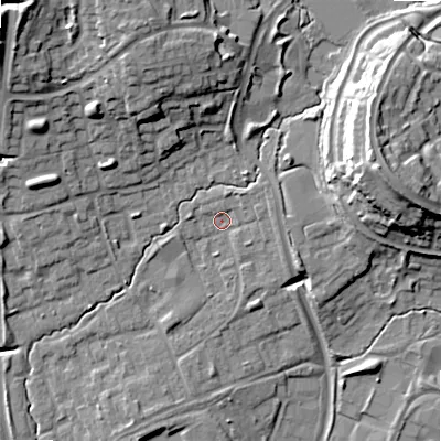 Shaded relief map of the ground around B980HQ, computed from Environment Agency LiDAR. The ground here sits at about 72 m above sea level and falls 22 m across the surrounding 800 m. Surface water reaching this point runs off ground lying to the north-east, 2.5 m higher.
