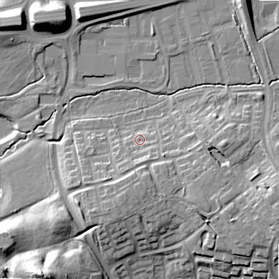 Shaded relief map of the ground around B980JG, computed from Environment Agency LiDAR. The ground here sits at about 83 m above sea level and falls 25 m across the surrounding 800 m. Surface water reaching this point runs off ground lying to the south, 5.2 m higher.