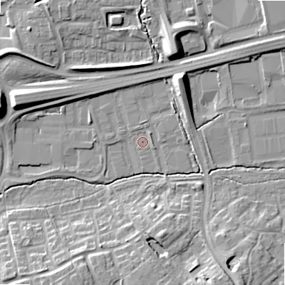 Shaded relief map of the ground around B980RA, computed from Environment Agency LiDAR. The ground here sits at about 82 m above sea level and falls 13 m across the surrounding 800 m. Surface water reaching this point runs off ground lying to the north-east, 1.1 m higher.