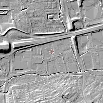 Shaded relief map of the ground around B980RB, computed from Environment Agency LiDAR. The ground here sits at about 82 m above sea level and falls 14 m across the surrounding 800 m. Surface water reaching this point runs off ground lying to the north-east, 10.2 m higher.