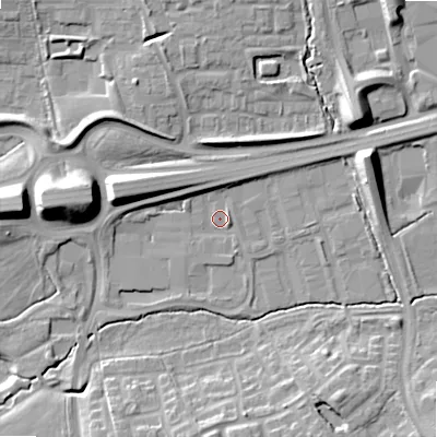 Shaded relief map of the ground around B980RD, computed from Environment Agency LiDAR. The ground here sits at about 82 m above sea level and falls 16 m across the surrounding 800 m. Surface water reaching this point runs off ground lying to the north-west, 3.4 m higher.