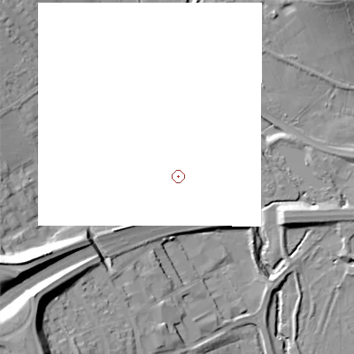 Shaded relief map of the ground around B988JQ, computed from Environment Agency LiDAR. and falls 27 m across the surrounding 800 m.