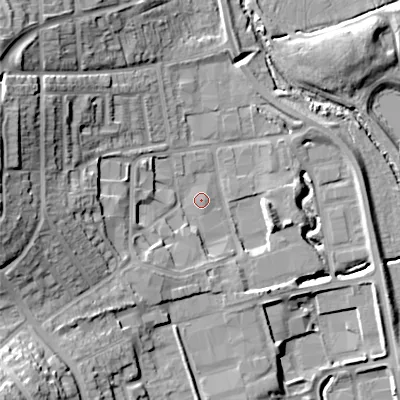Shaded relief map of the ground around B988JY, computed from Environment Agency LiDAR. The ground here sits at about 80 m above sea level and falls 25 m across the surrounding 800 m. Surface water reaching this point runs off ground lying to the south-west, 17.4 m higher.