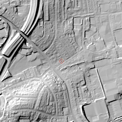 Shaded relief map of the ground around B988LH, computed from Environment Agency LiDAR. The ground here sits at about 87 m above sea level and falls 36 m across the surrounding 800 m. Surface water reaching this point runs off ground lying to the north-west, 26.1 m higher.