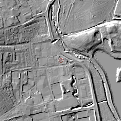 Shaded relief map of the ground around B988LQ, computed from Environment Agency LiDAR. The ground here sits at about 79 m above sea level and falls 17 m across the surrounding 800 m. Surface water reaching this point runs off ground lying to the west-north-west, 14.2 m higher.