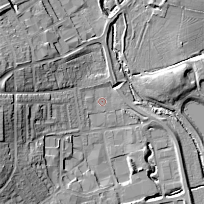 Shaded relief map of the ground around B988PE, computed from Environment Agency LiDAR. The ground here sits at about 79 m above sea level and falls 22 m across the surrounding 800 m. Surface water reaching this point runs off ground lying to the west, 2.5 m higher.