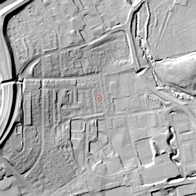 Shaded relief map of the ground around B988PL, computed from Environment Agency LiDAR. The ground here sits at about 81 m above sea level and falls 32 m across the surrounding 800 m. Surface water reaching this point runs off ground lying to the west-north-west, 6.7 m higher.