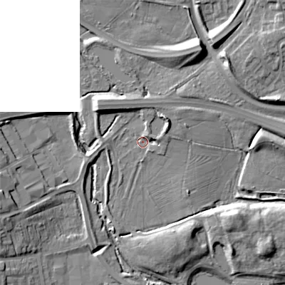 Shaded relief map of the ground around B988PT, computed from Environment Agency LiDAR. The ground here sits at about 80 m above sea level and falls 13 m across the surrounding 800 m. Surface water reaching this point runs off ground lying to the east-north-east, 3.5 m higher.