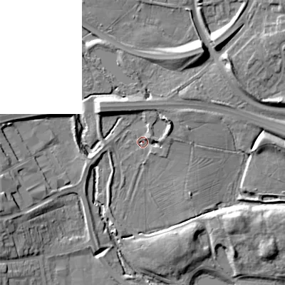 Shaded relief map of the ground around B988PU, computed from Environment Agency LiDAR. The ground here sits at about 80 m above sea level and falls 13 m across the surrounding 800 m. Surface water reaching this point runs off ground lying to the east-north-east, 3.5 m higher.