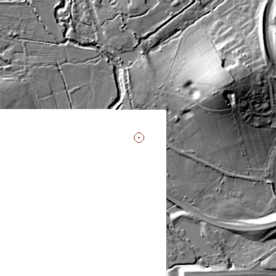 Shaded relief map of the ground around B988PX, computed from Environment Agency LiDAR. and falls 25 m across the surrounding 800 m.