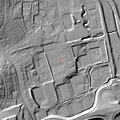 Shaded relief map of the ground around B988YN, computed from Environment Agency LiDAR. The ground here sits at about 81 m above sea level and falls 24 m across the surrounding 800 m. Surface water reaching this point runs off ground lying to the south-south-west, 2.3 m higher.