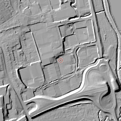 Shaded relief map of the ground around B988YP, computed from Environment Agency LiDAR. The ground here sits at about 77 m above sea level and falls 27 m across the surrounding 800 m. Surface water reaching this point runs off ground lying to the west-north-west, 4.9 m higher.