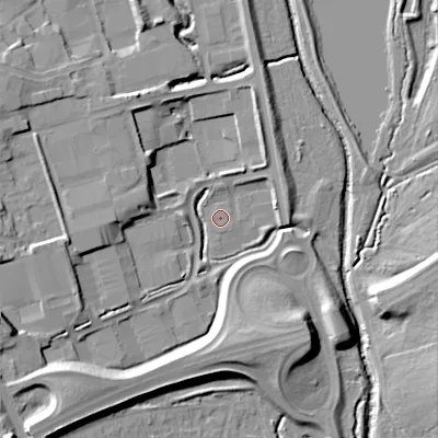 Shaded relief map of the ground around B988YS, computed from Environment Agency LiDAR. The ground here sits at about 76 m above sea level and falls 18 m across the surrounding 800 m. Surface water reaching this point runs off ground lying to the west-south-west, 14.2 m higher.