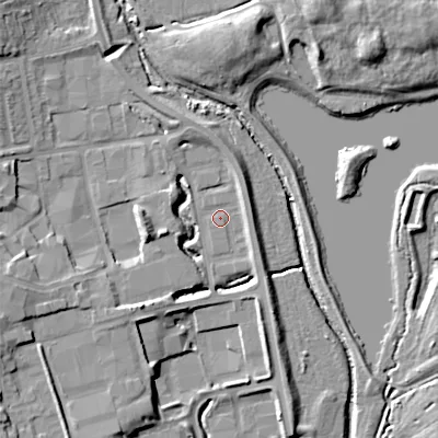 Shaded relief map of the ground around B988YW, computed from Environment Agency LiDAR. The ground here sits at about 78 m above sea level and falls 13 m across the surrounding 800 m. Surface water reaching this point runs off ground lying to the south-west, 7.7 m higher.