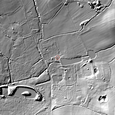 Shaded relief map of the ground around B989AL, computed from Environment Agency LiDAR. The ground here sits at about 101 m above sea level and falls 29 m across the surrounding 800 m. Surface water reaching this point runs off ground lying to the south-east, 17.4 m higher.