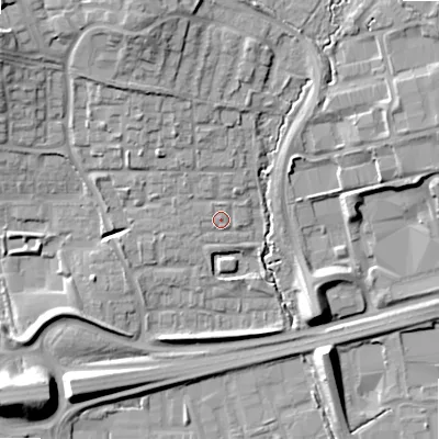 Shaded relief map of the ground around B989JB, computed from Environment Agency LiDAR. The ground here sits at about 87 m above sea level and falls 17 m across the surrounding 800 m. Surface water reaching this point runs off ground lying to the north-north-east, 1.8 m higher.