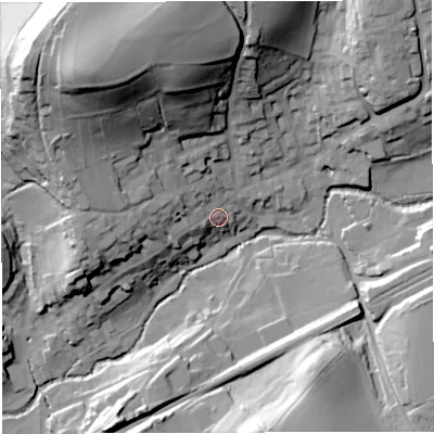 Shaded relief map of the ground around BA100AA, computed from Environment Agency LiDAR. The ground here sits at about 66 m above sea level and falls 55 m across the surrounding 800 m. Surface water reaching this point runs off ground lying to the north-west, 44.9 m higher.
