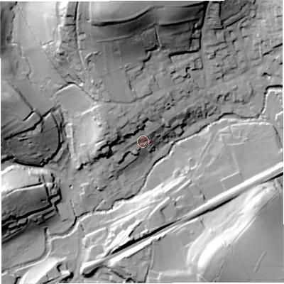 Shaded relief map of the ground around BA100AN, computed from Environment Agency LiDAR. The ground here sits at about 67 m above sea level and falls 56 m across the surrounding 800 m. Surface water reaching this point runs off ground lying to the west-north-west, 16.7 m higher.