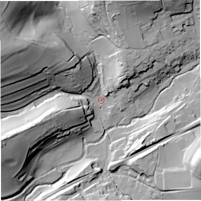 Shaded relief map of the ground around BA100AR, computed from Environment Agency LiDAR. The ground here sits at about 58 m above sea level and falls 67 m across the surrounding 800 m. Surface water reaching this point runs off ground lying to the north-west, 61.6 m higher.