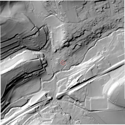 Shaded relief map of the ground around BA100AT, computed from Environment Agency LiDAR. The ground here sits at about 58 m above sea level and falls 61 m across the surrounding 800 m. Surface water reaching this point runs off ground lying to the north, 5.3 m higher.