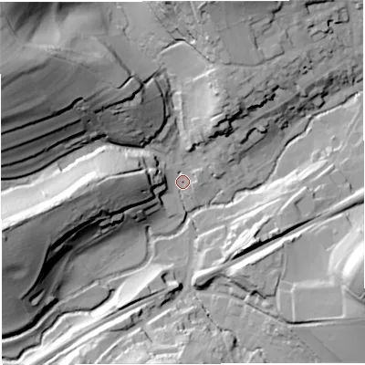 Shaded relief map of the ground around BA100BB, computed from Environment Agency LiDAR. The ground here sits at about 58 m above sea level and falls 66 m across the surrounding 800 m. Surface water reaching this point runs off ground lying to the west-north-west, 60.6 m higher.