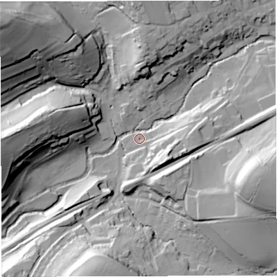 Shaded relief map of the ground around BA100BE, computed from Environment Agency LiDAR. The ground here sits at about 58 m above sea level and falls 60 m across the surrounding 800 m. Surface water reaching this point runs off ground lying to the north, 25.1 m higher.