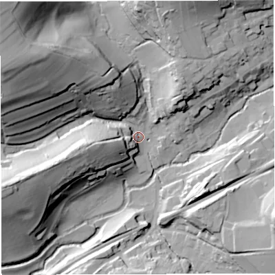 Shaded relief map of the ground around BA100BG, computed from Environment Agency LiDAR. The ground here sits at about 59 m above sea level and falls 69 m across the surrounding 800 m. Surface water reaching this point runs off ground lying to the north-west, 63.1 m higher.
