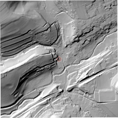 Shaded relief map of the ground around BA100BQ, computed from Environment Agency LiDAR. The ground here sits at about 58 m above sea level and falls 68 m across the surrounding 800 m. Surface water reaching this point runs off ground lying to the north-west, 62.6 m higher.