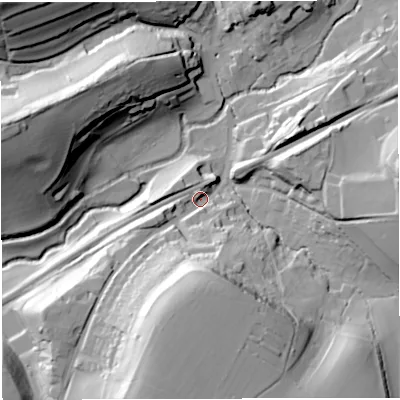 Shaded relief map of the ground around BA100BX, computed from Environment Agency LiDAR. The ground here sits at about 62 m above sea level and falls 53 m across the surrounding 800 m. Surface water reaching this point runs off ground lying to the south-south-west, 41.2 m higher.