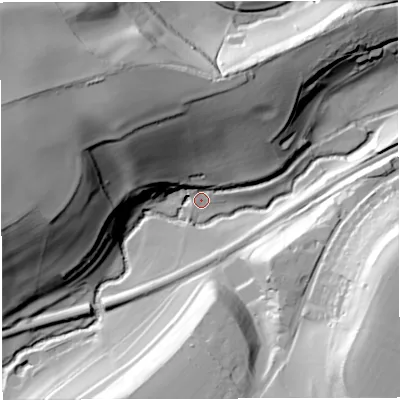 Shaded relief map of the ground around BA100DB, computed from Environment Agency LiDAR. The ground here sits at about 55 m above sea level and falls 76 m across the surrounding 800 m. Surface water reaching this point runs off ground lying to the north-west, 72.1 m higher.