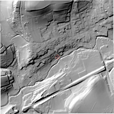 Shaded relief map of the ground around BA100EA, computed from Environment Agency LiDAR. The ground here sits at about 59 m above sea level and falls 55 m across the surrounding 800 m. Surface water reaching this point runs off ground lying to the north-north-west, 53.1 m higher.