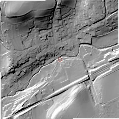 Shaded relief map of the ground around BA100EB, computed from Environment Agency LiDAR. The ground here sits at about 59 m above sea level and falls 55 m across the surrounding 800 m. Surface water reaching this point runs off ground lying to the north-west, 53.0 m higher.