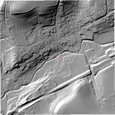 Shaded relief map of the ground around BA100EE, computed from Environment Agency LiDAR. The ground here sits at about 58 m above sea level and falls 55 m across the surrounding 800 m. Surface water reaching this point runs off ground lying to the north-west, 53.1 m higher.