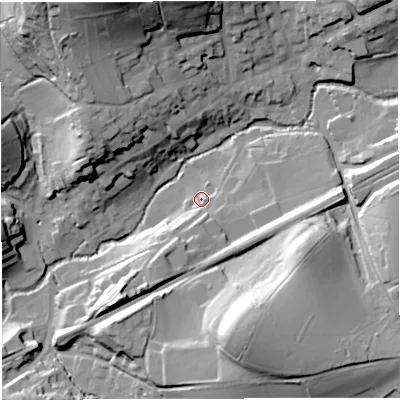 Shaded relief map of the ground around BA100EF, computed from Environment Agency LiDAR. The ground here sits at about 61 m above sea level and falls 43 m across the surrounding 800 m. Surface water reaching this point runs off ground lying to the south-south-west, 11.1 m higher.