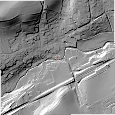 Shaded relief map of the ground around BA100EG, computed from Environment Agency LiDAR. The ground here sits at about 59 m above sea level and falls 55 m across the surrounding 800 m. Surface water reaching this point runs off ground lying to the north-west, 52.1 m higher.