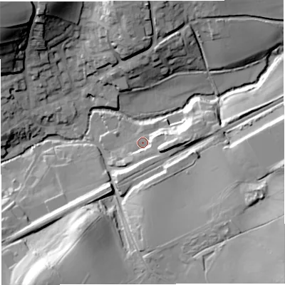 Shaded relief map of the ground around BA100EH, computed from Environment Agency LiDAR. The ground here sits at about 64 m above sea level and falls 46 m across the surrounding 800 m. Surface water reaching this point runs off ground lying to the east-south-east, 13.0 m higher.