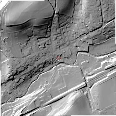 Shaded relief map of the ground around BA100EQ, computed from Environment Agency LiDAR. The ground here sits at about 61 m above sea level and falls 55 m across the surrounding 800 m. Surface water reaching this point runs off ground lying to the north-west, 50.0 m higher.