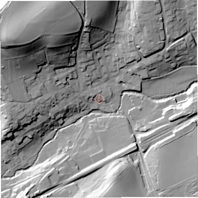 Shaded relief map of the ground around BA100ET, computed from Environment Agency LiDAR. The ground here sits at about 61 m above sea level and falls 55 m across the surrounding 800 m. Surface water reaching this point runs off ground lying to the north-west, 50.3 m higher.