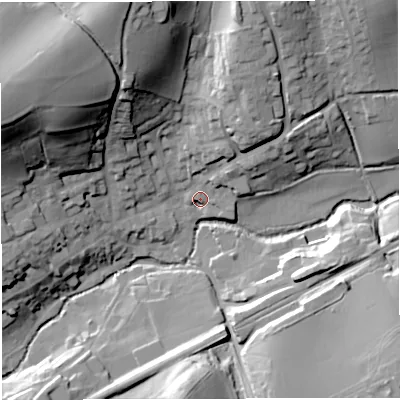 Shaded relief map of the ground around BA100EU, computed from Environment Agency LiDAR. The ground here sits at about 63 m above sea level and falls 53 m across the surrounding 800 m. Surface water reaching this point runs off ground lying to the north-north-east, 25.9 m higher.