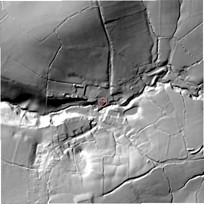 Shaded relief map of the ground around BA100JY, computed from Environment Agency LiDAR. The ground here sits at about 92 m above sea level and falls 46 m across the surrounding 800 m. Surface water reaching this point runs off ground lying to the south, 43.0 m higher.