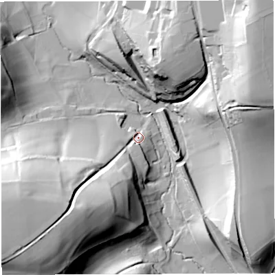 Shaded relief map of the ground around BA100PE, computed from Environment Agency LiDAR. The ground here sits at about 58 m above sea level and falls 62 m across the surrounding 800 m. Surface water reaching this point runs off ground lying to the south-west, 58.1 m higher.