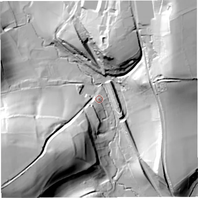 Shaded relief map of the ground around BA100PF, computed from Environment Agency LiDAR. The ground here sits at about 57 m above sea level and falls 61 m across the surrounding 800 m. Surface water reaching this point runs off ground lying to the south-west, 57.5 m higher.