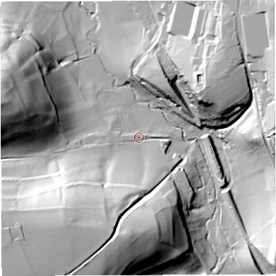 Shaded relief map of the ground around BA100PG, computed from Environment Agency LiDAR. The ground here sits at about 58 m above sea level and falls 67 m across the surrounding 800 m. Surface water reaching this point runs off ground lying to the south-west, 58.8 m higher.