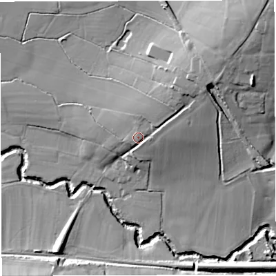 Shaded relief map of the ground around BA100PW, computed from Environment Agency LiDAR. The ground here sits at about 55 m above sea level and falls 28 m across the surrounding 800 m. Surface water reaching this point runs off ground lying to the north-east, 12.4 m higher.