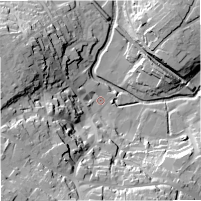 Shaded relief map of the ground around BA111AB, computed from Environment Agency LiDAR. The ground here sits at about 65 m above sea level and falls 54 m across the surrounding 800 m. Surface water reaching this point runs off ground lying to the south-west, 51.1 m higher.