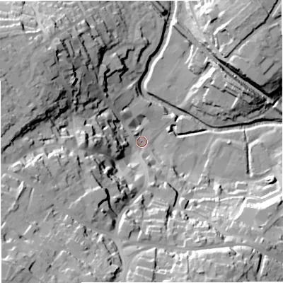 Shaded relief map of the ground around BA111AF, computed from Environment Agency LiDAR. The ground here sits at about 66 m above sea level and falls 54 m across the surrounding 800 m. Surface water reaching this point runs off ground lying to the south-west, 50.7 m higher.