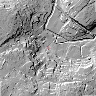 Shaded relief map of the ground around BA111AJ, computed from Environment Agency LiDAR. The ground here sits at about 66 m above sea level and falls 54 m across the surrounding 800 m. Surface water reaching this point runs off ground lying to the south-west, 50.8 m higher.